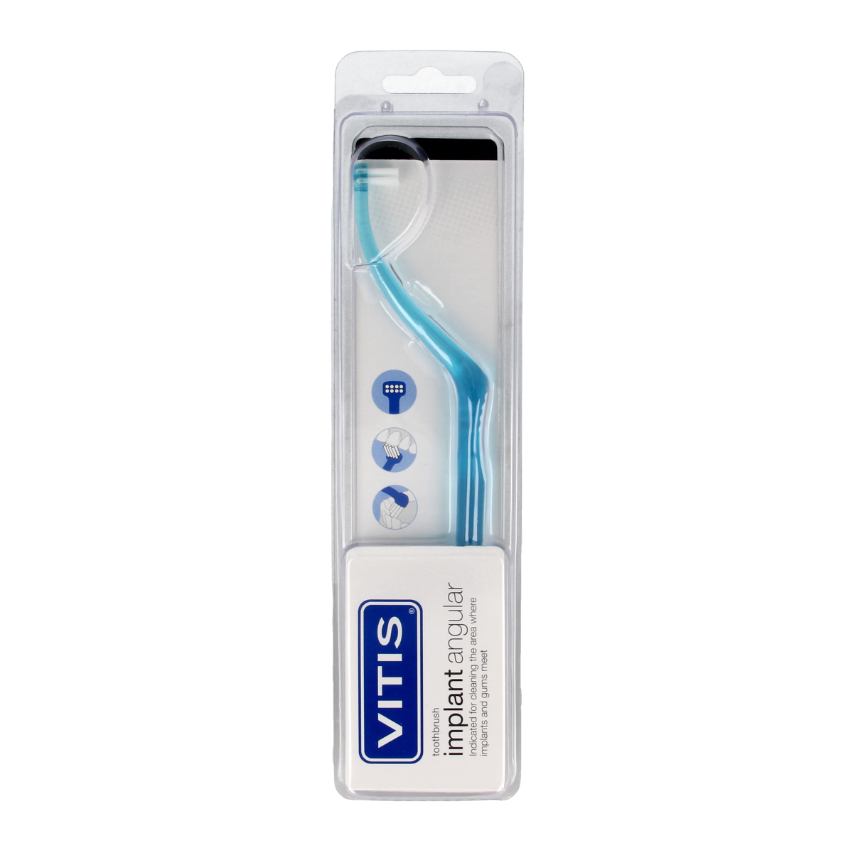 Vitis Implant tandenborstel angular for prostheses, 1 pack, featuring a small brush head for precise cleaning.