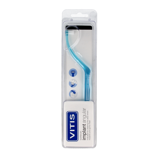 Vitis Implant tandenborstel angular for prostheses, 1 pack, featuring a small brush head for precise cleaning.