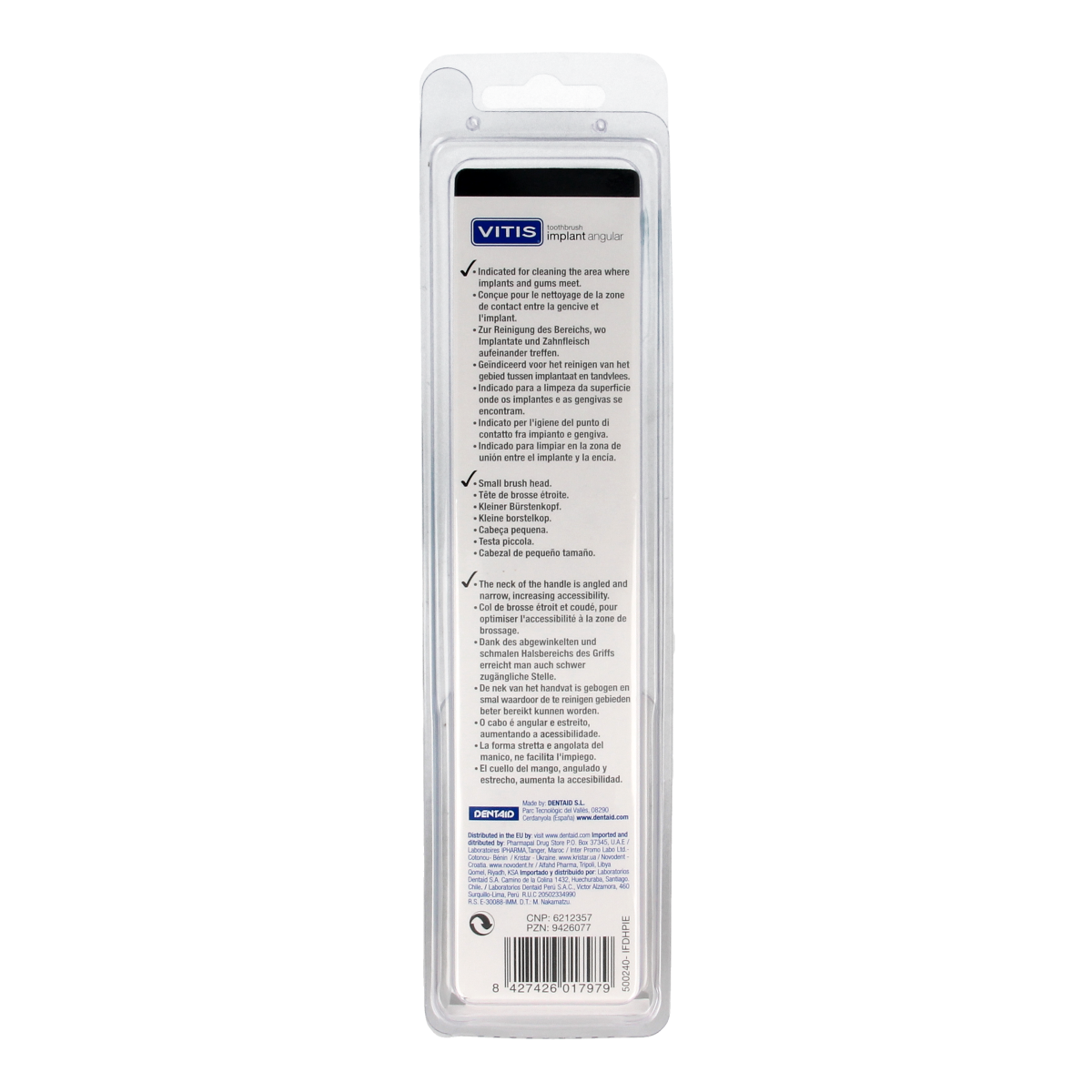 Vitis Implant tandenborstel angular protheses toothbrush, 1.00 Stuks, designed for dental implants and prosthetic cleaning.