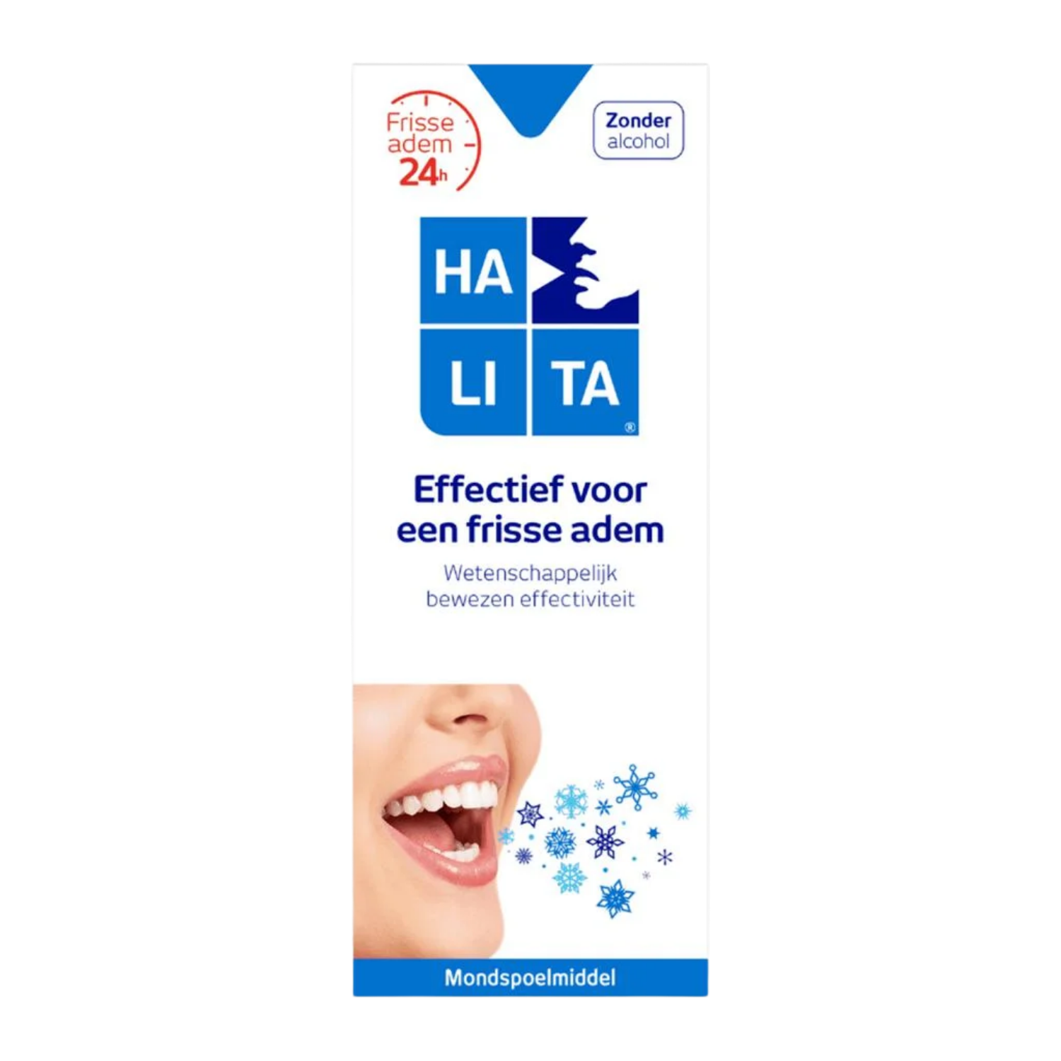 Halita Mondwater 500ml bottle, antiseptic mouth rinse for oral hygiene, with a clear label and cap on a white background.