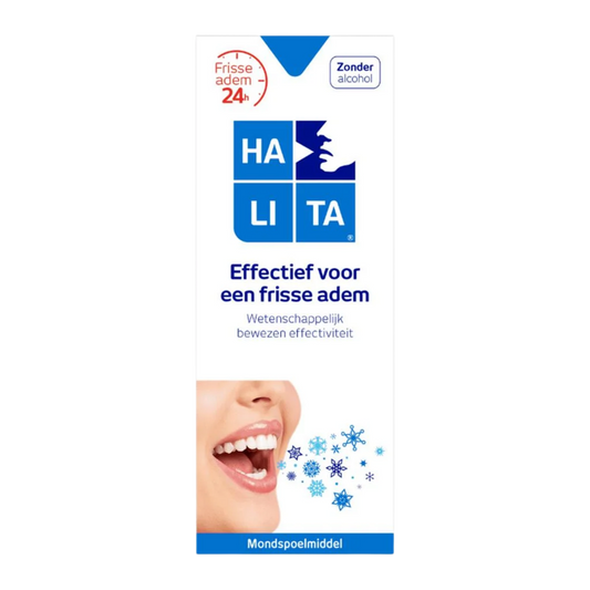 Halita Mondwater 500ml bottle, antiseptic mouth rinse for oral hygiene, with a clear label and cap on a white background.
