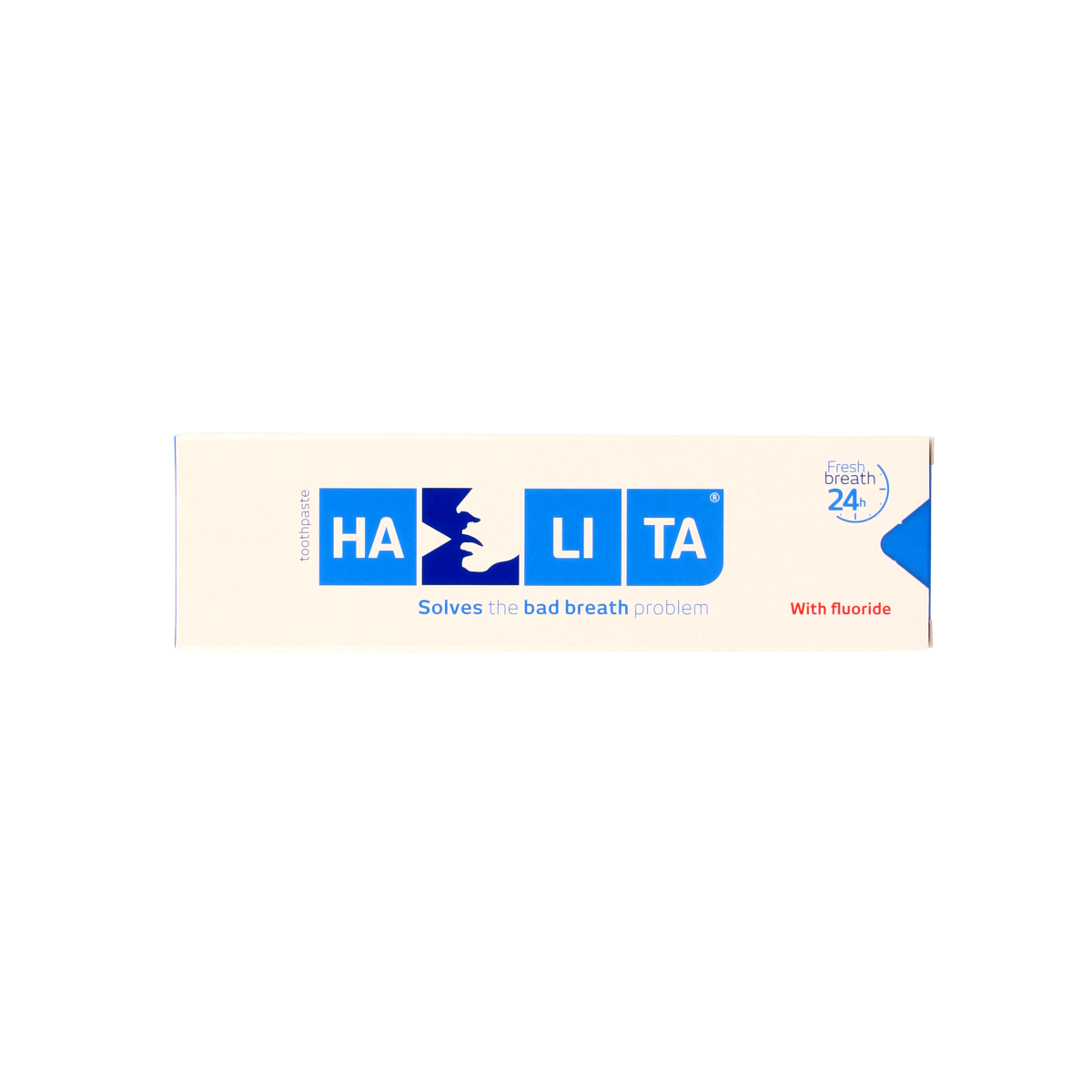 Halita fluoride toothpaste in a 75ml tube, featuring a white and blue design with mint and dental health imagery.