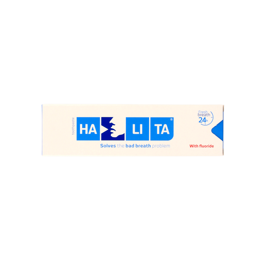 Halita fluoride toothpaste in a 75ml tube, featuring a white and blue design with mint and dental health imagery.