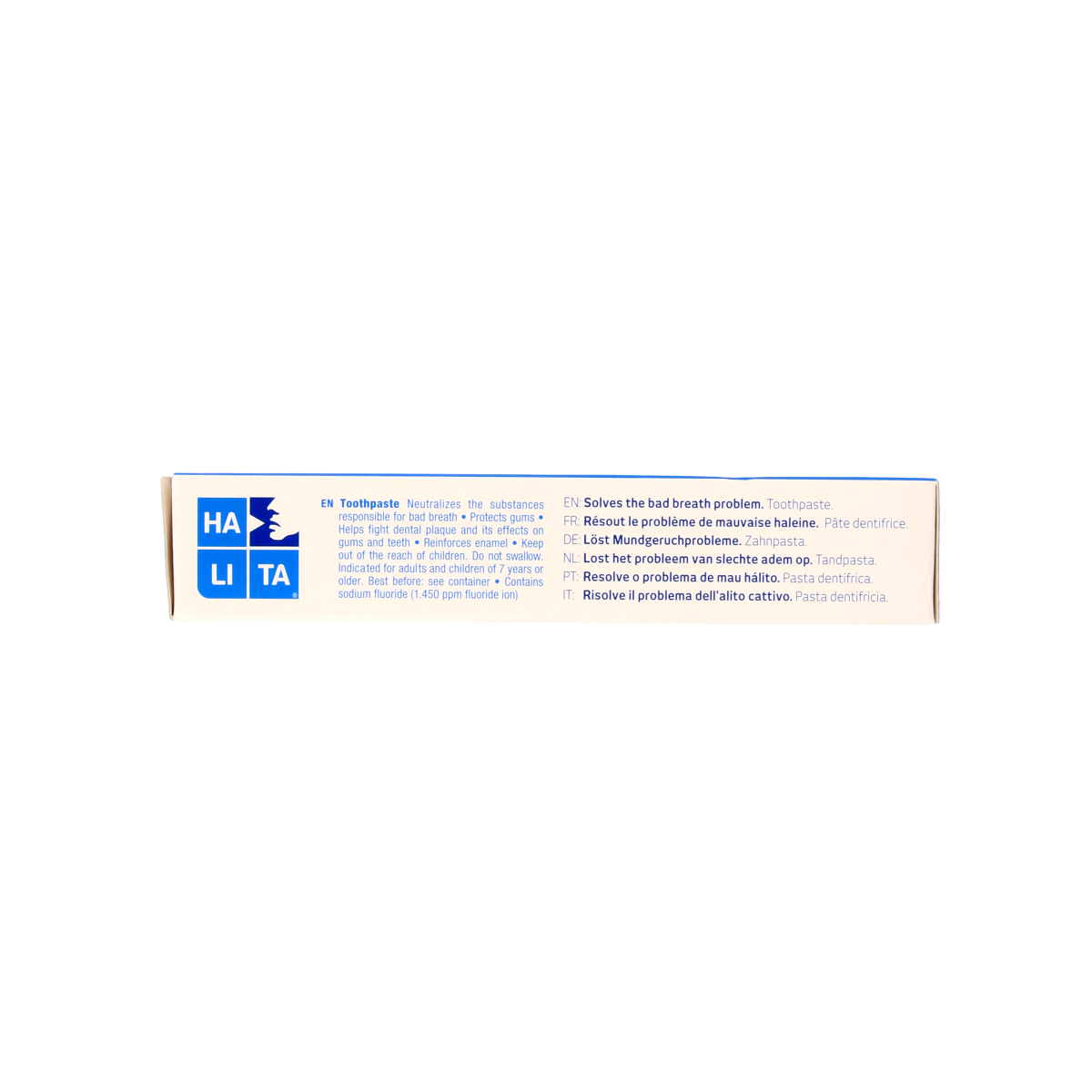 Halita fluoride toothpaste in 75ml tube, featuring a white and blue packaging design with the Halita logo visible.