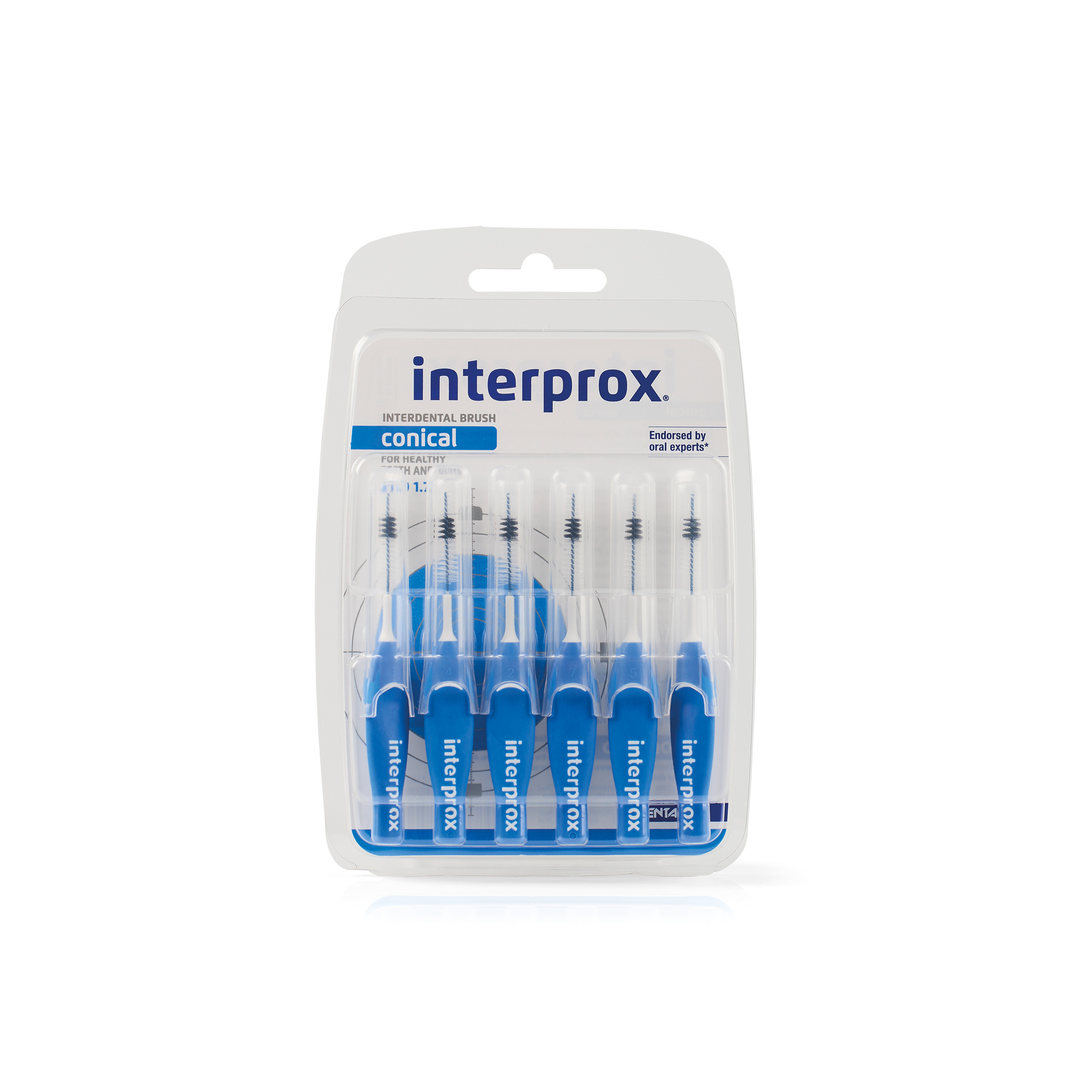 Interprox Conical 1.7mm blue dental floss picks, 6-pack, for effective interdental cleaning and oral hygiene.