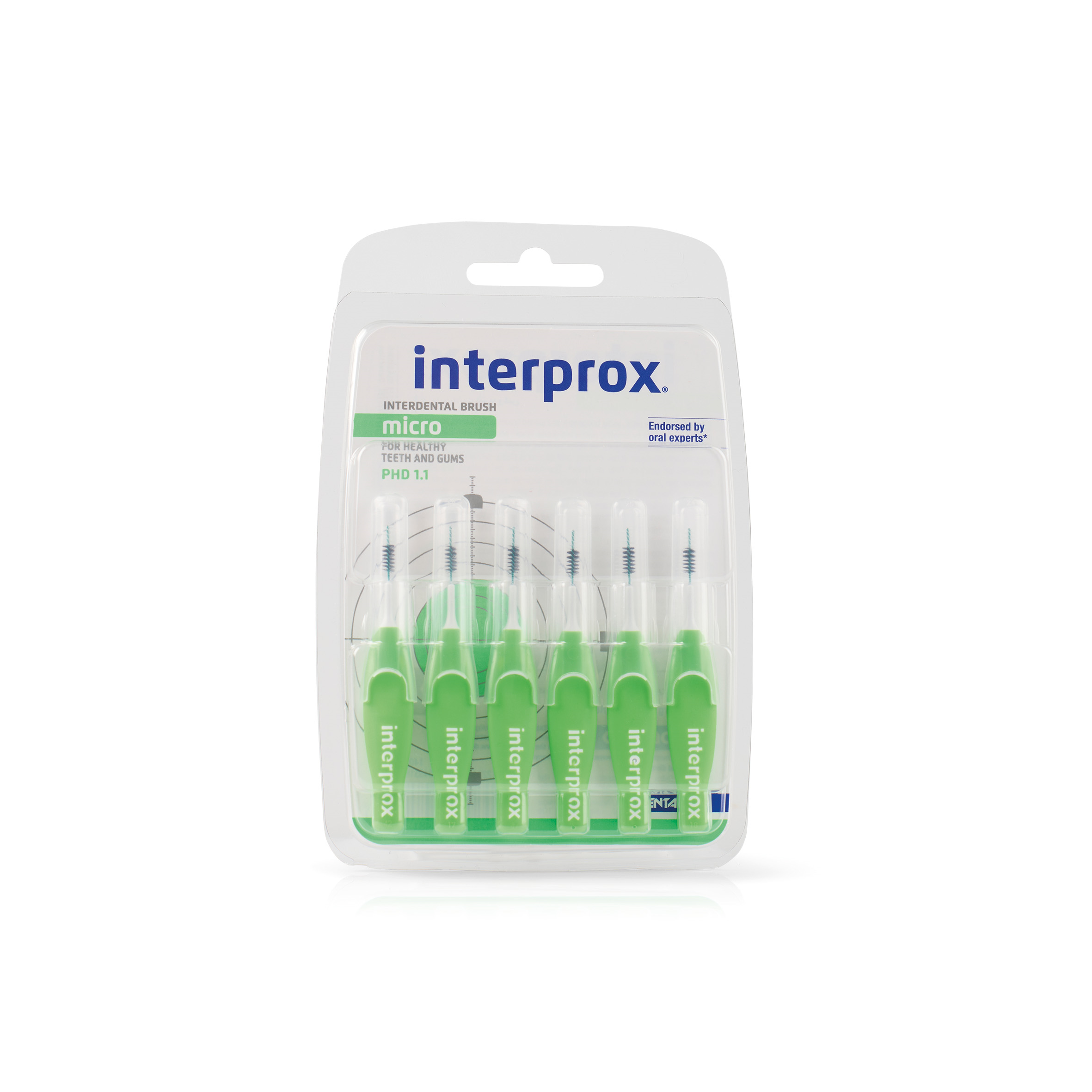 Interprox Micro 1.1 groen tandenstokers en ragers, 6 stuks, compact dental cleaning tools for effective plaque removal.