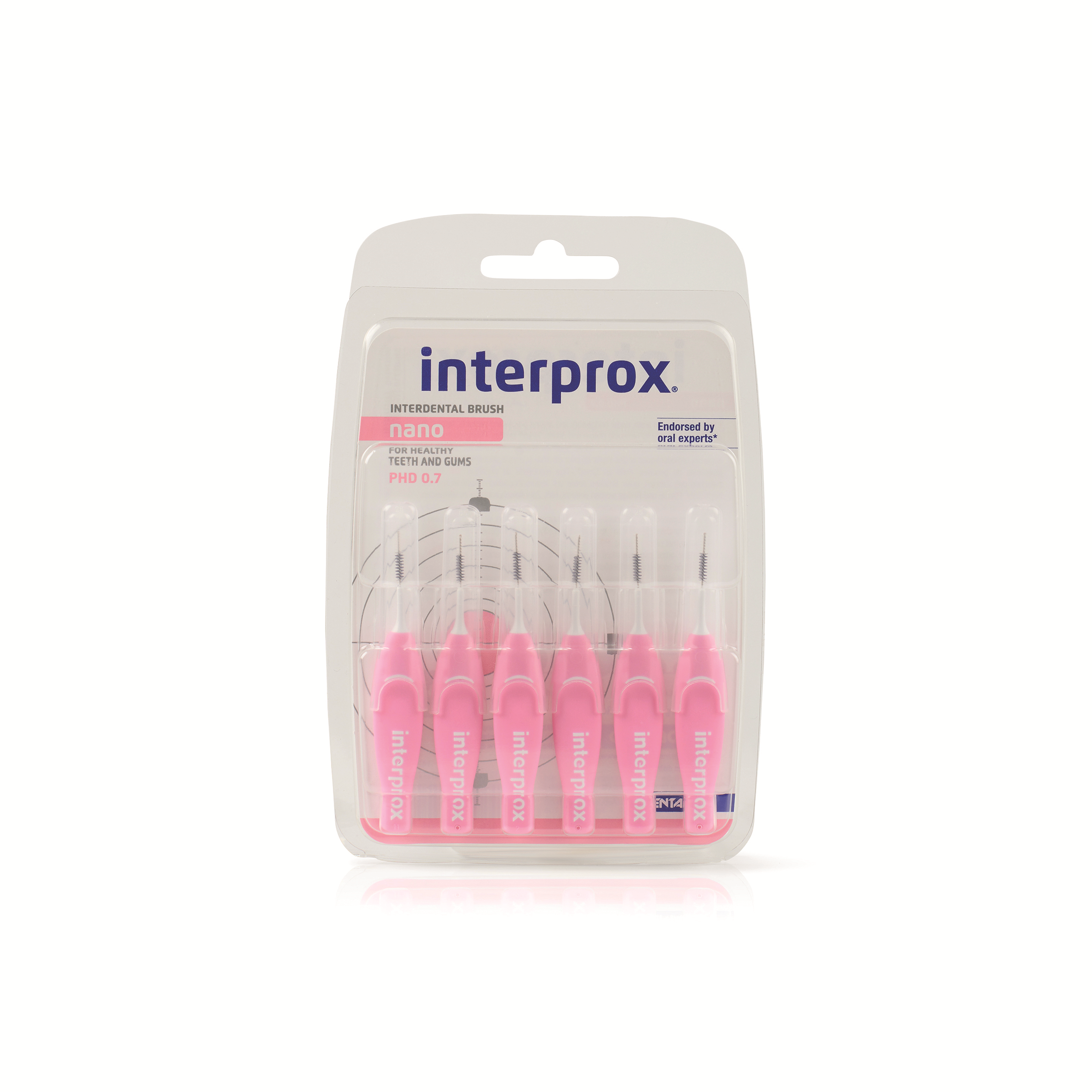 Interprox Nano roze PDH 07 6.00 tandenstokers en ragers, pink color, compact design, ideal for dental cleaning and interdental hygiene.