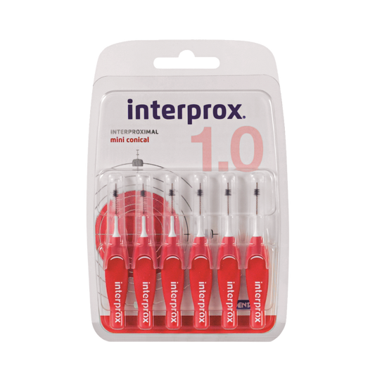 Interprox Premium mini conical dental interdental cleaner sticks in a pack of six, designed for effective plaque removal.