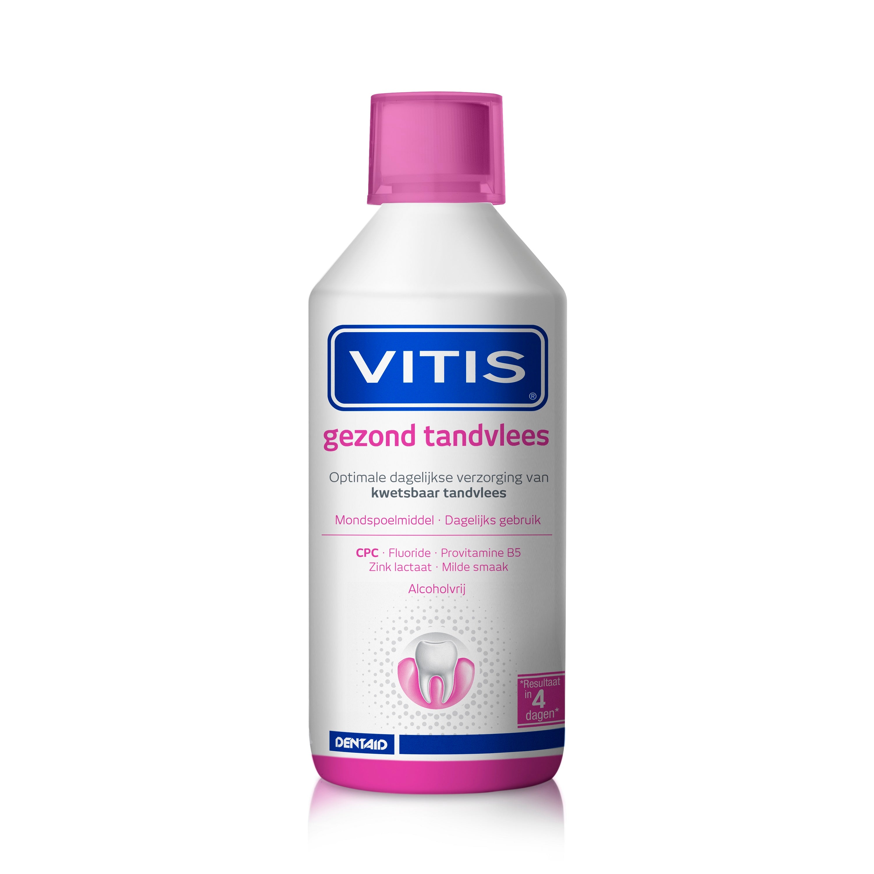 Vitis Gezond tandvlees mondspoeling 500ml bottle, mouthwash for healthy gums, with blue liquid inside.