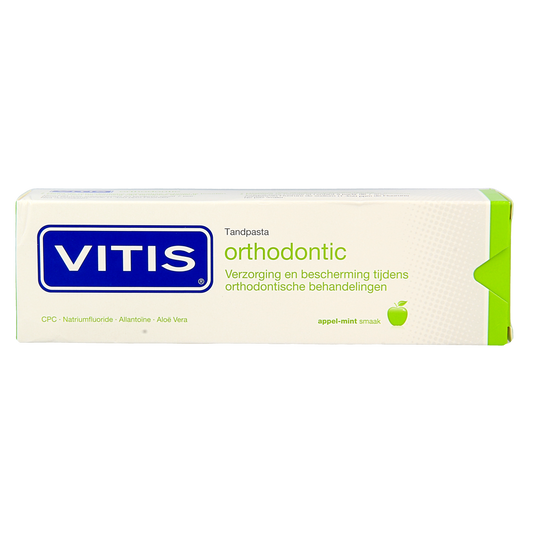 Vitis orthodontic toothpaste 75ml tube showing the packaging and branding for dental care during orthodontic treatment.