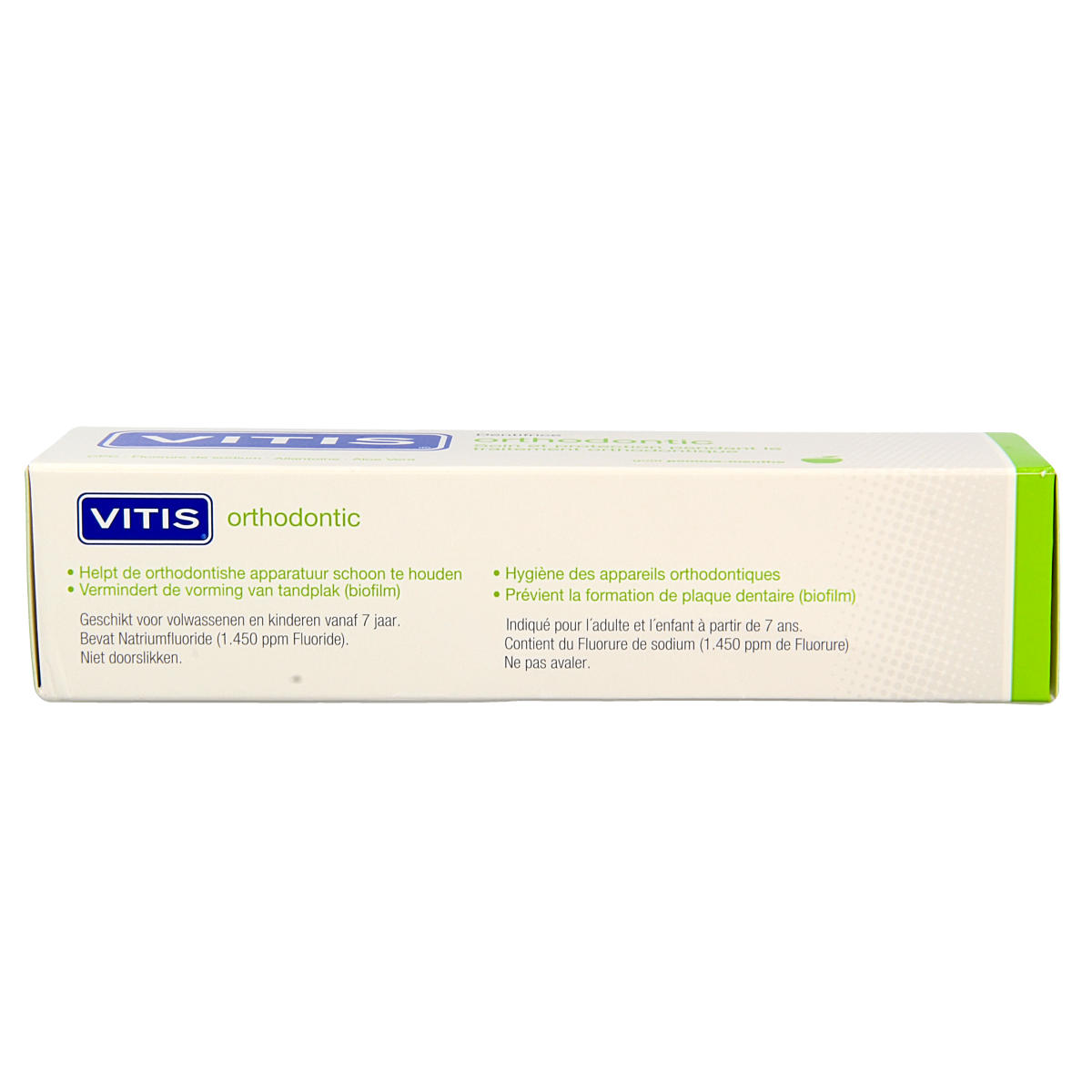 Vitis orthodontic toothpaste in a 75ml tube, featuring a white and blue design with the Vitis logo visible.