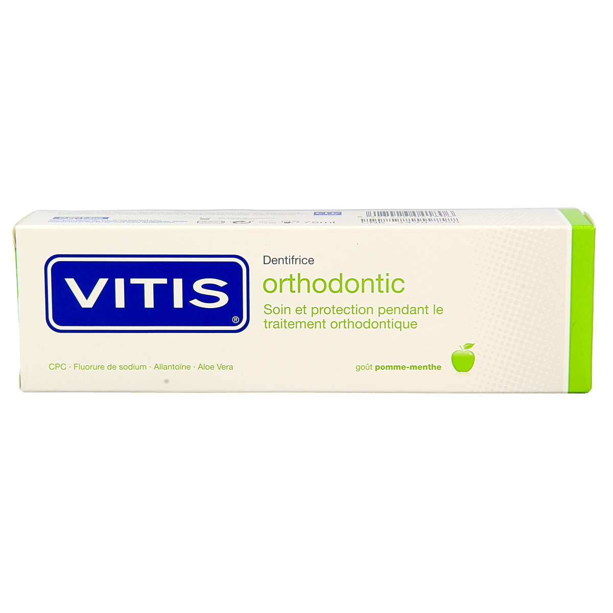 Vitis orthodontic toothpaste 75ml tube with mint flavor, featuring a white and green packaging design.