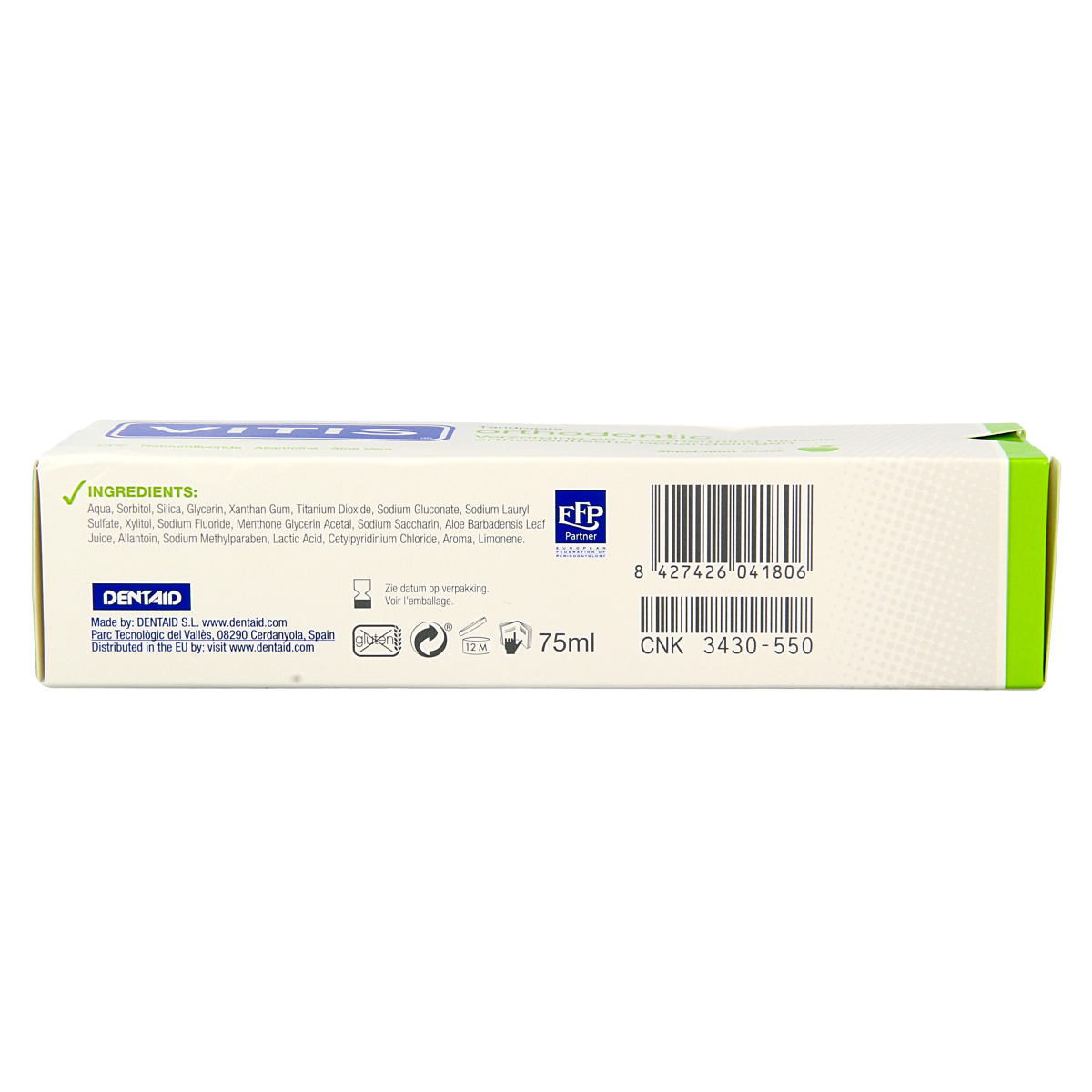Vitis orthodontic toothpaste 75ml tube with white packaging and blue accents, designed for braces and dental care.