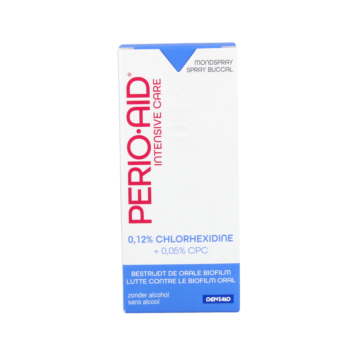Perio Aid Intensive Care mouth spray with 0.12% chlorhexidine for oral hygiene, displayed in a 50ml bottle.