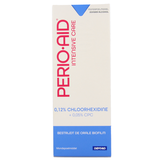 Perio Aid Intensive Care mouthwash 0.12% CHX in 500ml bottle, antibacterial oral rinse for gum and oral health.