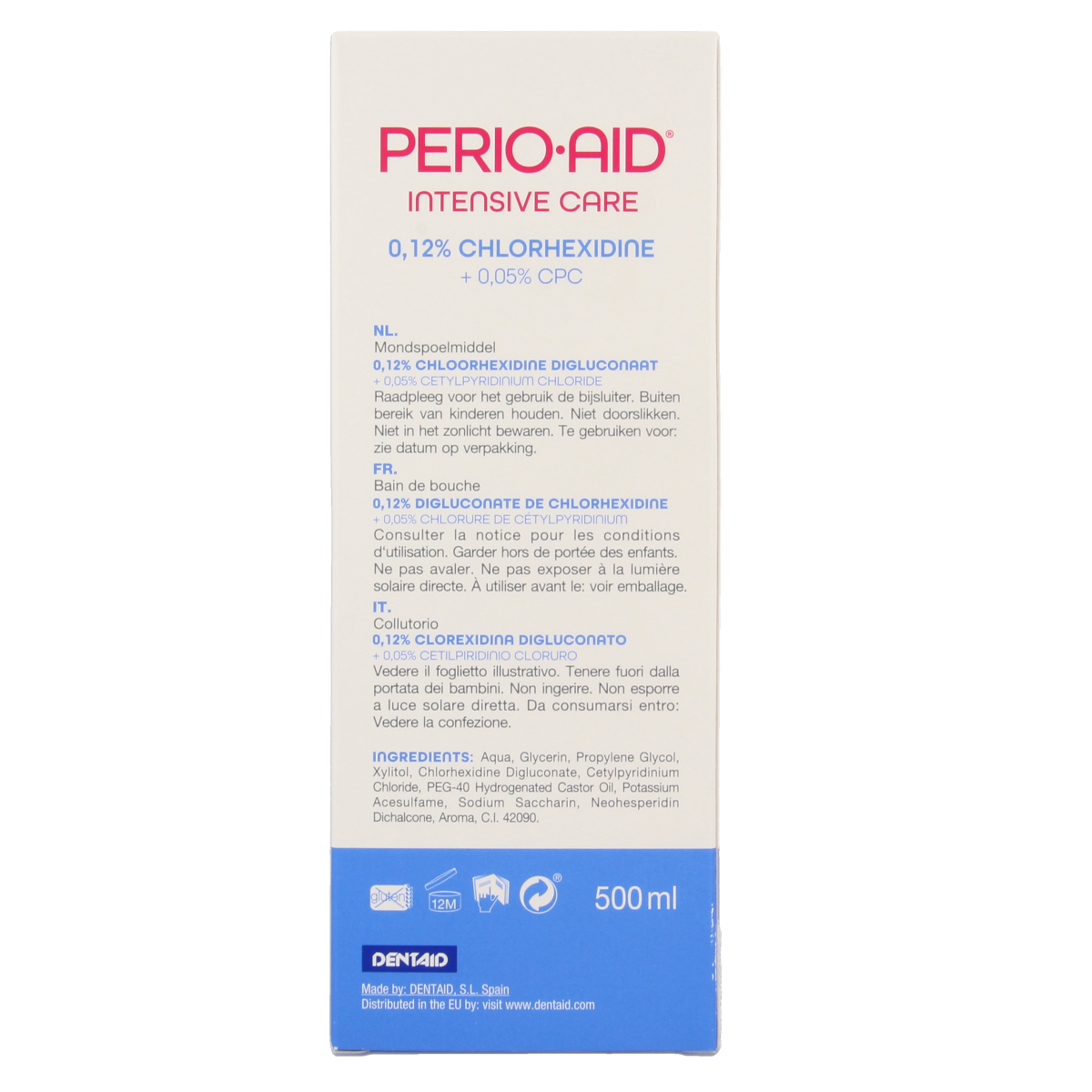 Perio Aid Intensive Care mouthwash with 0.12% chlorhexidine in a 500ml bottle, used for oral health and gum care.