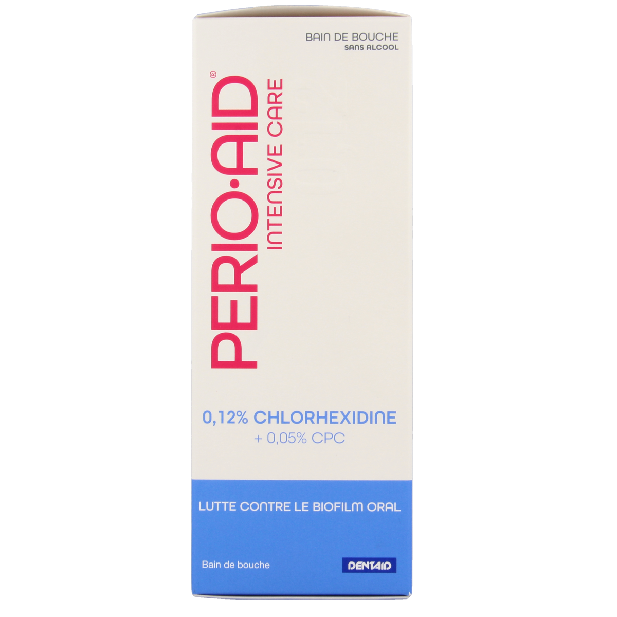 Perio Aid Intensive Care mouthwash with 0.12% chlorhexidine, 500ml bottle for oral hygiene and gum health.