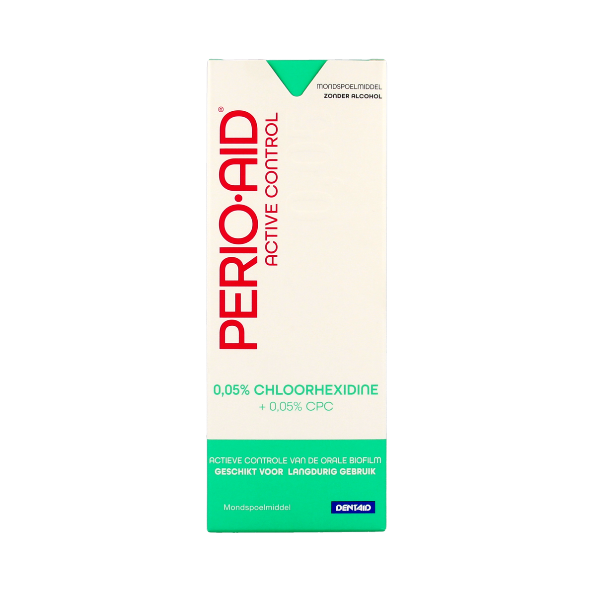 Perio Aid Active Control mouthwash with 0.05% chlorhexidine in a 500ml bottle for oral hygiene and gum health.