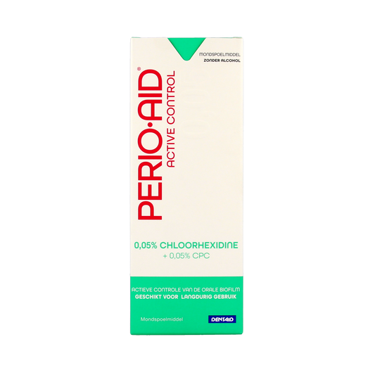 Perio Aid Active Control mouthwash with 0.05% chlorhexidine in a 500ml bottle for oral hygiene and gum health.