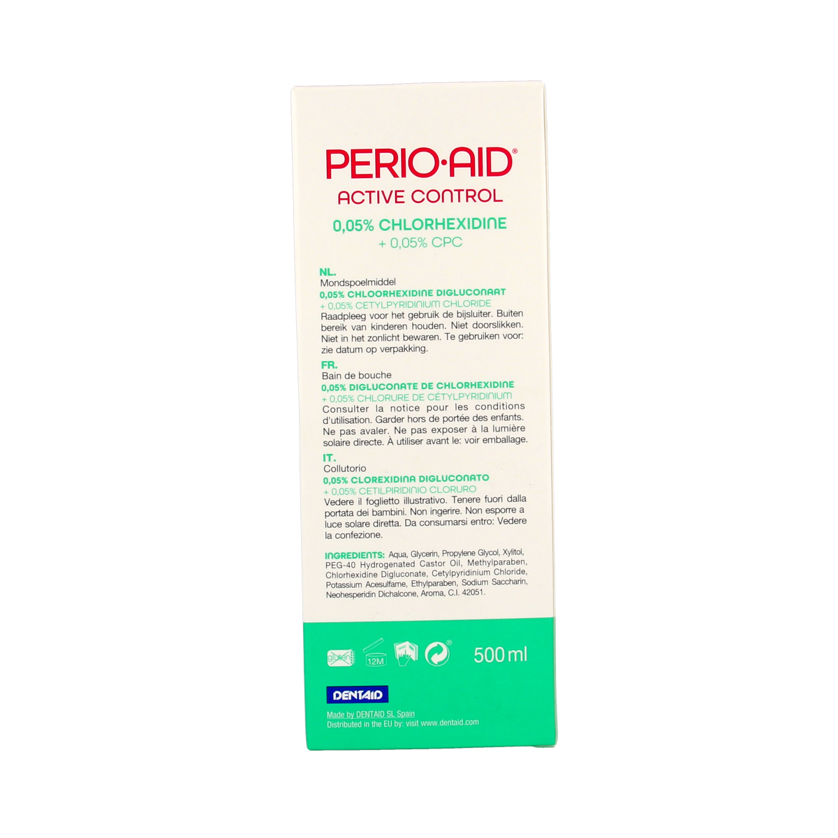 Perio Aid Active Control mouthwash with 0.05% chlorhexidine in a 500ml bottle, designed for oral hygiene and gum health.