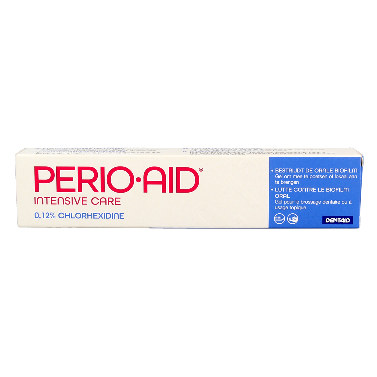 Perio Aid Intensive Care toothpaste gel with 0.12% chlorhexidine in a 75ml tube, designed for oral and gum health care.