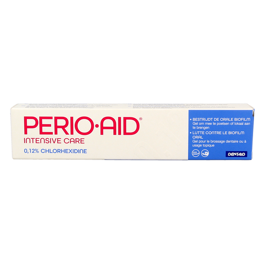Perio Aid Intensive Care toothpaste gel with 0.12% chlorhexidine in a 75ml tube, designed for oral and gum health care.