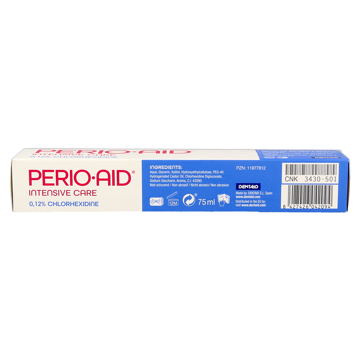 Perio Aid Intensive Care toothpaste gel with 0.12% chlorhexidine, 75ml tube, designed for oral hygiene and gum health.