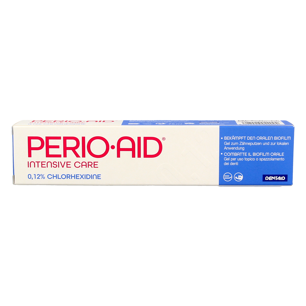 Perio Aid Intensive Care toothpaste gel with 0.12% chlorhexidine, 75ml, shown in a tube with a white and blue label.