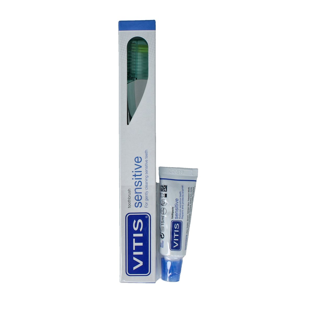 Vitis sensitive toothbrush with sample toothpaste set, featuring gentle bristles and ergonomic handle for effective oral care.