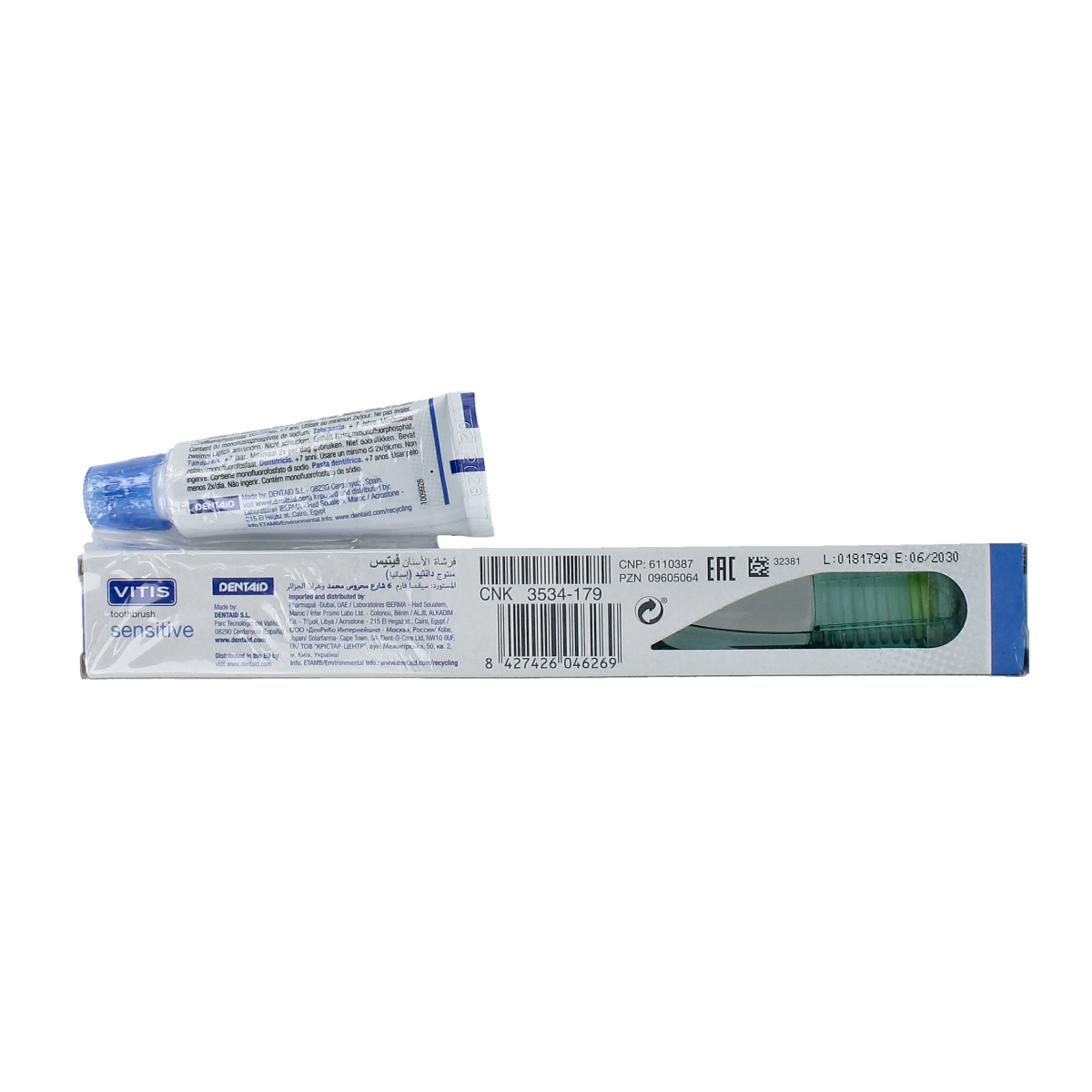 Vitis sensitive toothbrush set with sample toothpaste, featuring soft bristles for gentle cleaning and oral care.