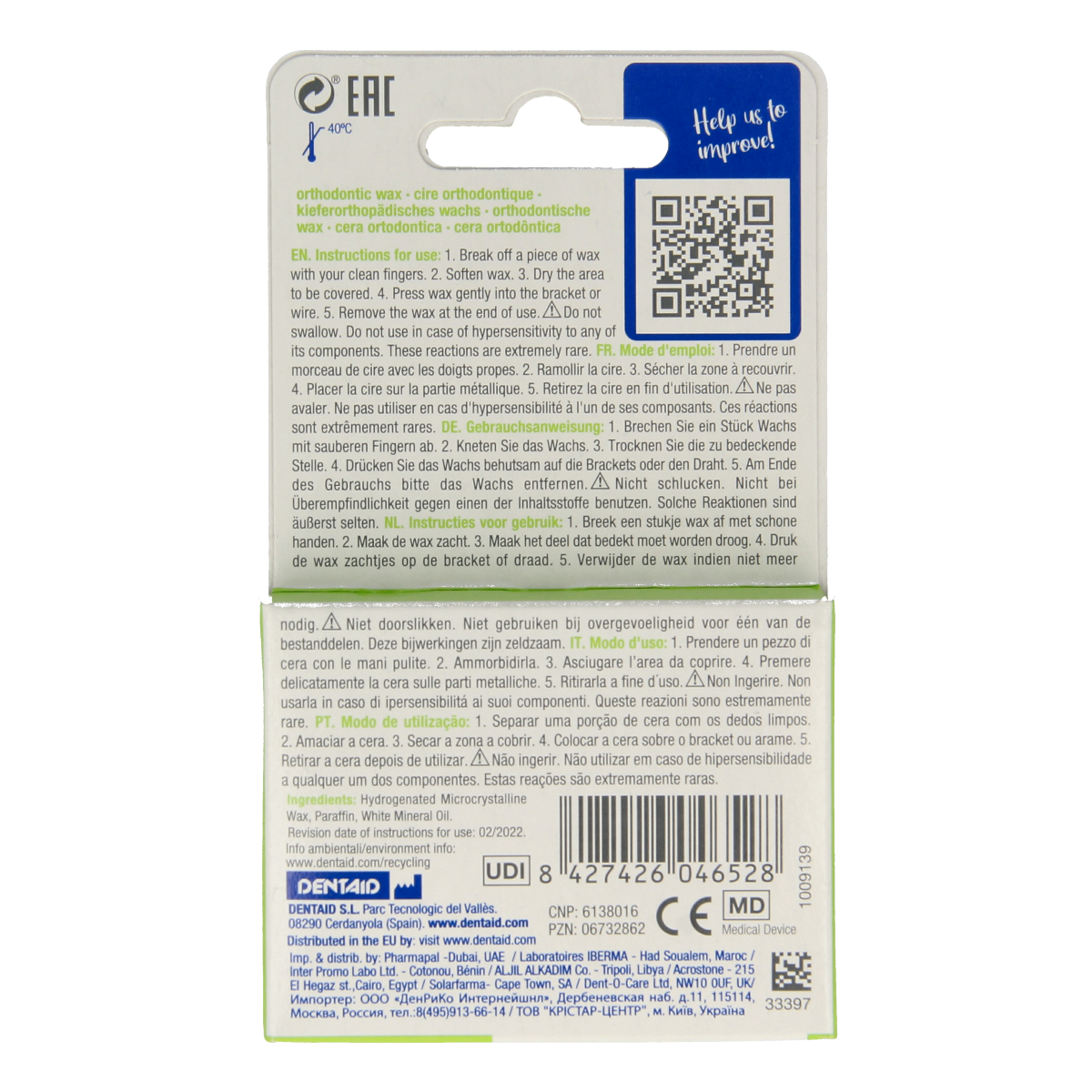 Vitis orthodontic wax package showing 1.00 Stuks for dental hygiene and brushing control, designed for orthodontic appliances.