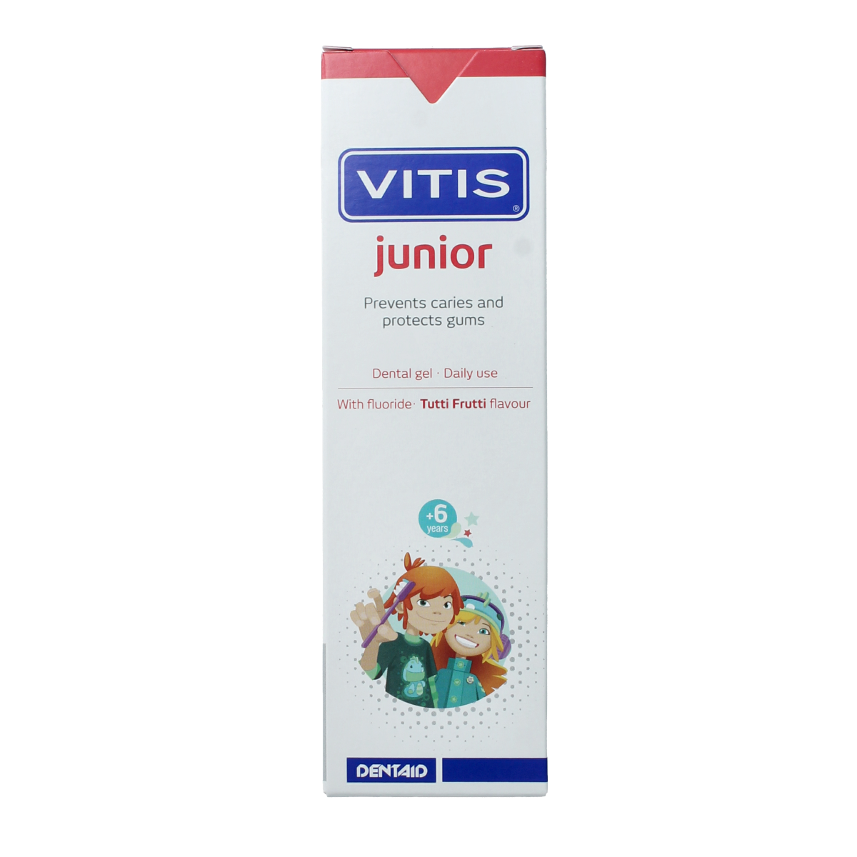 Vitis Tandgel Junior toothpaste in a 75ml tube, designed for children with gentle cleaning and fluoride protection.