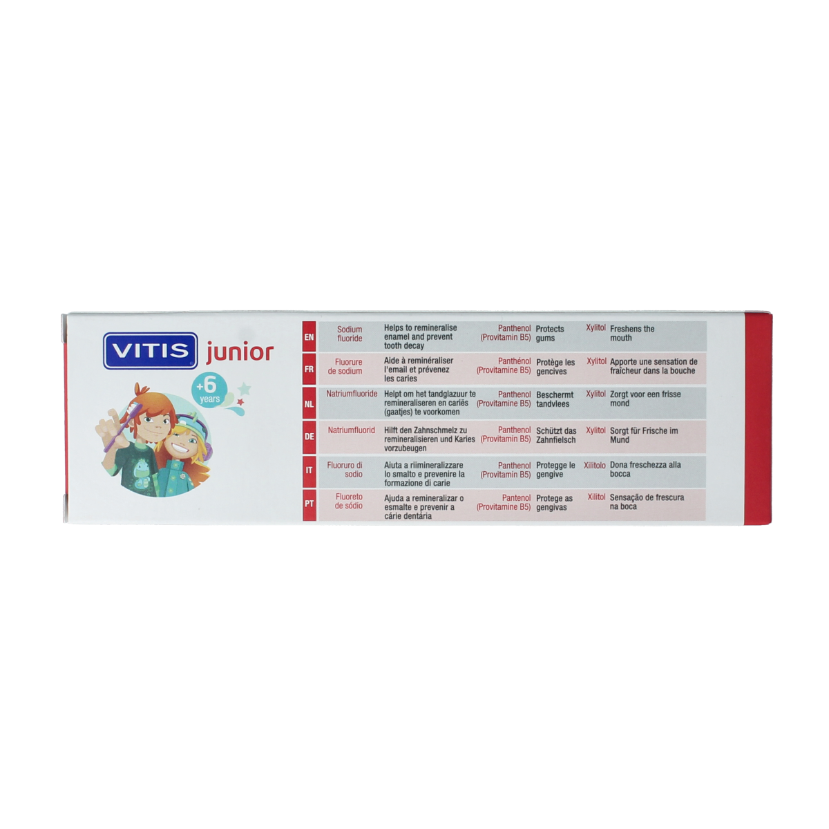 Vitis Tandgel junior toothpaste in a 75ml tube, designed for children, with colorful packaging and playful design.