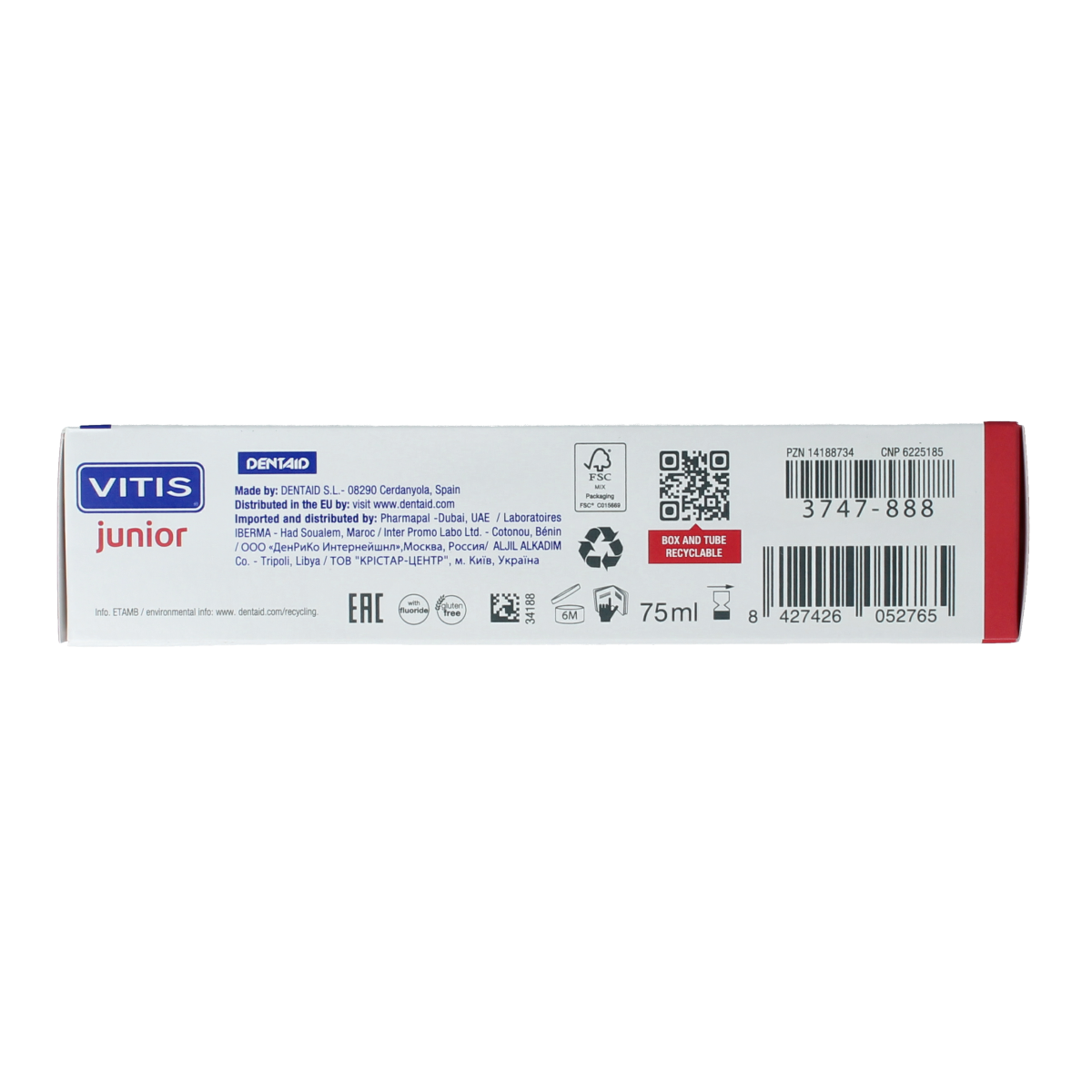 Vitis Tandgel Junior toothpaste in 75ml tube, gentle fluoride toothpaste for children with fruit flavor, shown in the image.