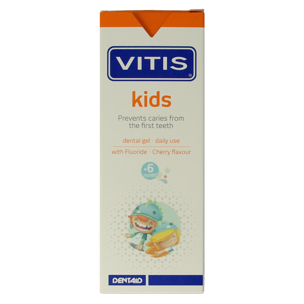 Vitis Tandgel kids toothpaste in 50ml tube, featuring colorful packaging with cartoon characters for children’s dental care.