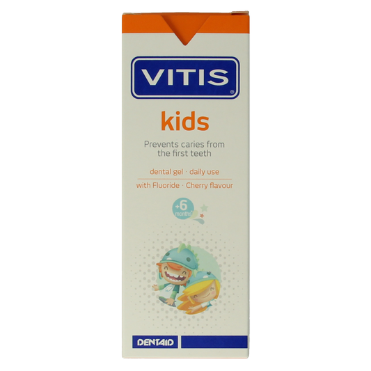 Vitis Tandgel kids toothpaste in 50ml tube, featuring colorful packaging with cartoon characters for children’s dental care.