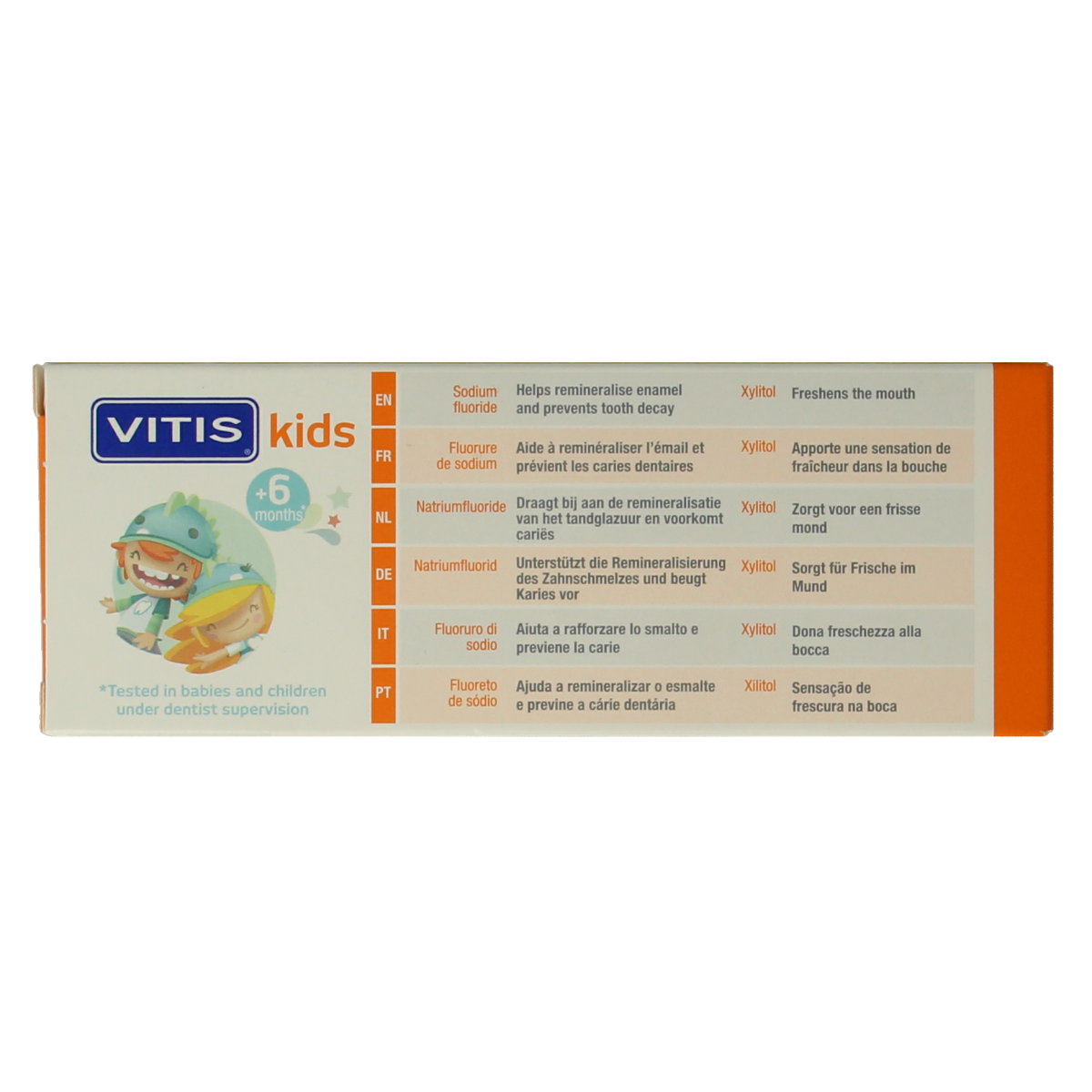 Vitis Tandgel kids toothpaste in 50ml tube with colorful packaging, designed for children's oral hygiene and dental care.