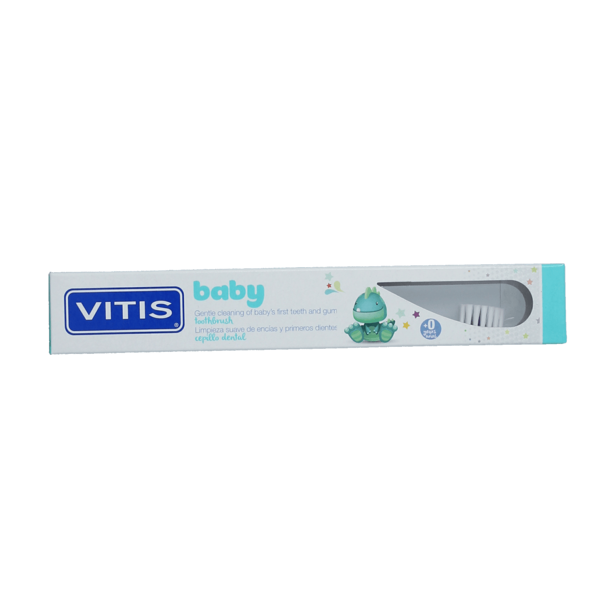Vitis Baby tandenborstel with soft bristles, designed for gentle cleaning of infants' teeth, shown in close-up.