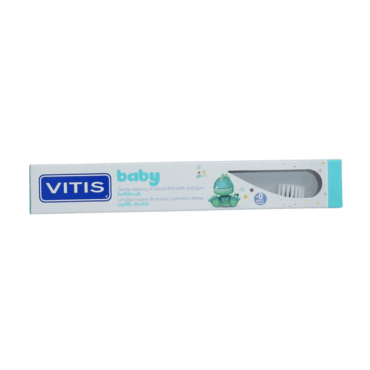 Vitis Baby tandenborstel with soft bristles, designed for gentle cleaning of infants' teeth, shown in close-up.