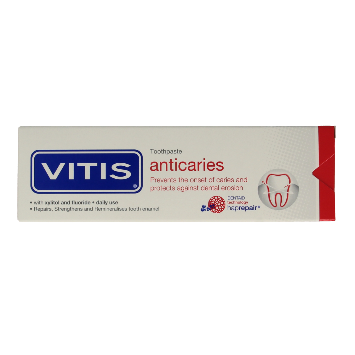 Vitis anti-caries toothpaste in 75ml tube, showing the white toothpaste with Vitis branding on the packaging.
