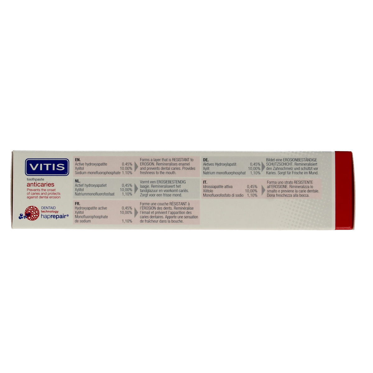 Vitis anti-caries toothpaste 75ml tube with mint flavor, featuring the Vitis brand logo and fresh mint leaves.