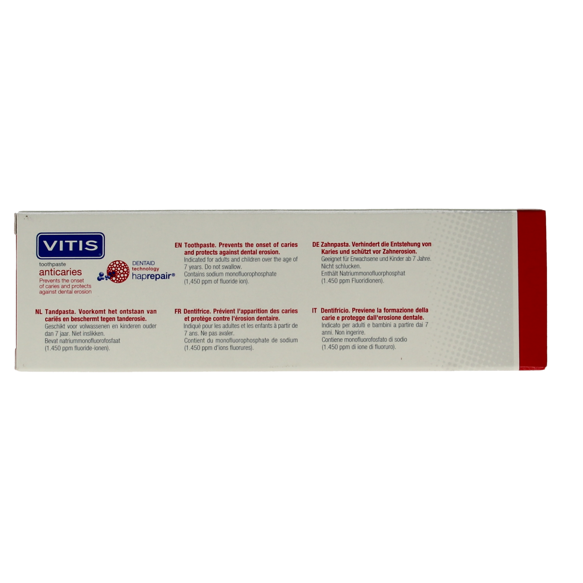 Vitis anti-caries toothpaste in a 75ml tube, featuring fresh mint flavor and designed for cavity protection.