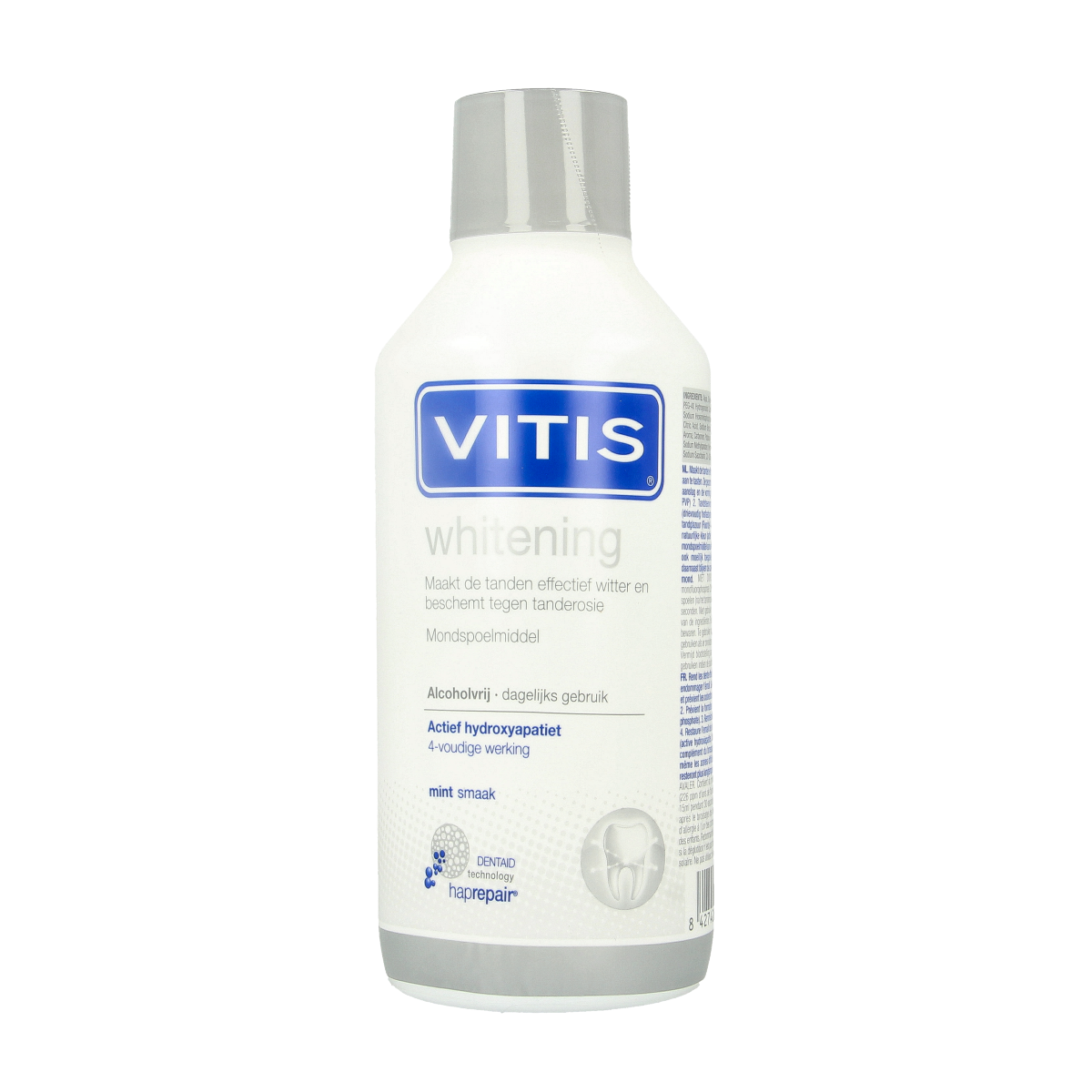 Vitis Whitening mouthwash bottle, 500ml, in clear packaging with branding and labeled cap, designed for oral whitening.