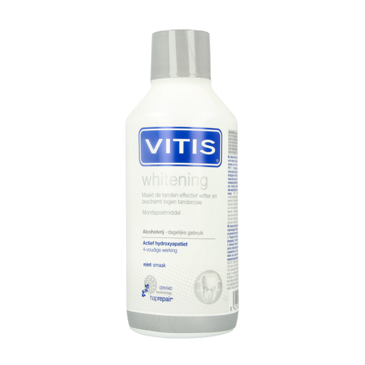 Vitis Whitening mouthwash bottle, 500ml, in clear packaging with branding and labeled cap, designed for oral whitening.