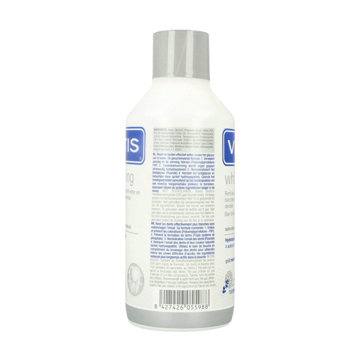 Vitis Whitening mouthwash bottle, 500ml, in clear packaging with label showing Vitis brand and product details.
