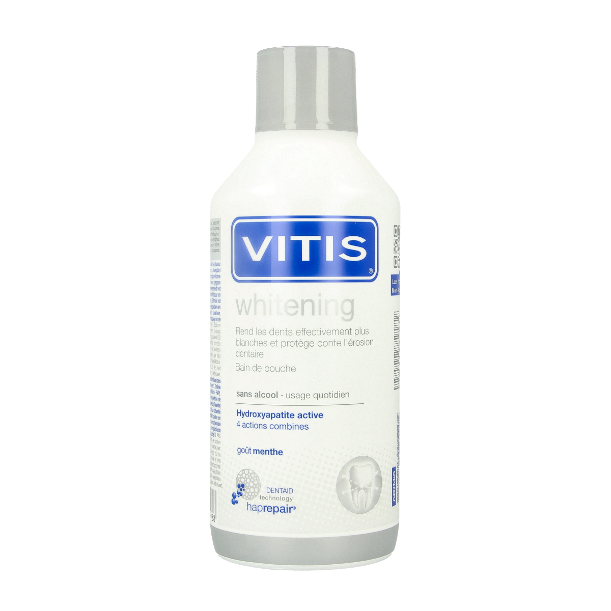 Vitis Whitening mouthwash bottle, 500ml, in clear plastic with label showing Vitis branding and product details.
