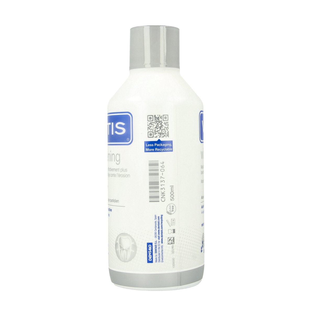 Vitis Whitening mouthwash in a 500ml bottle, showing the label and packaging of the Vitis mouth rinse for oral care.