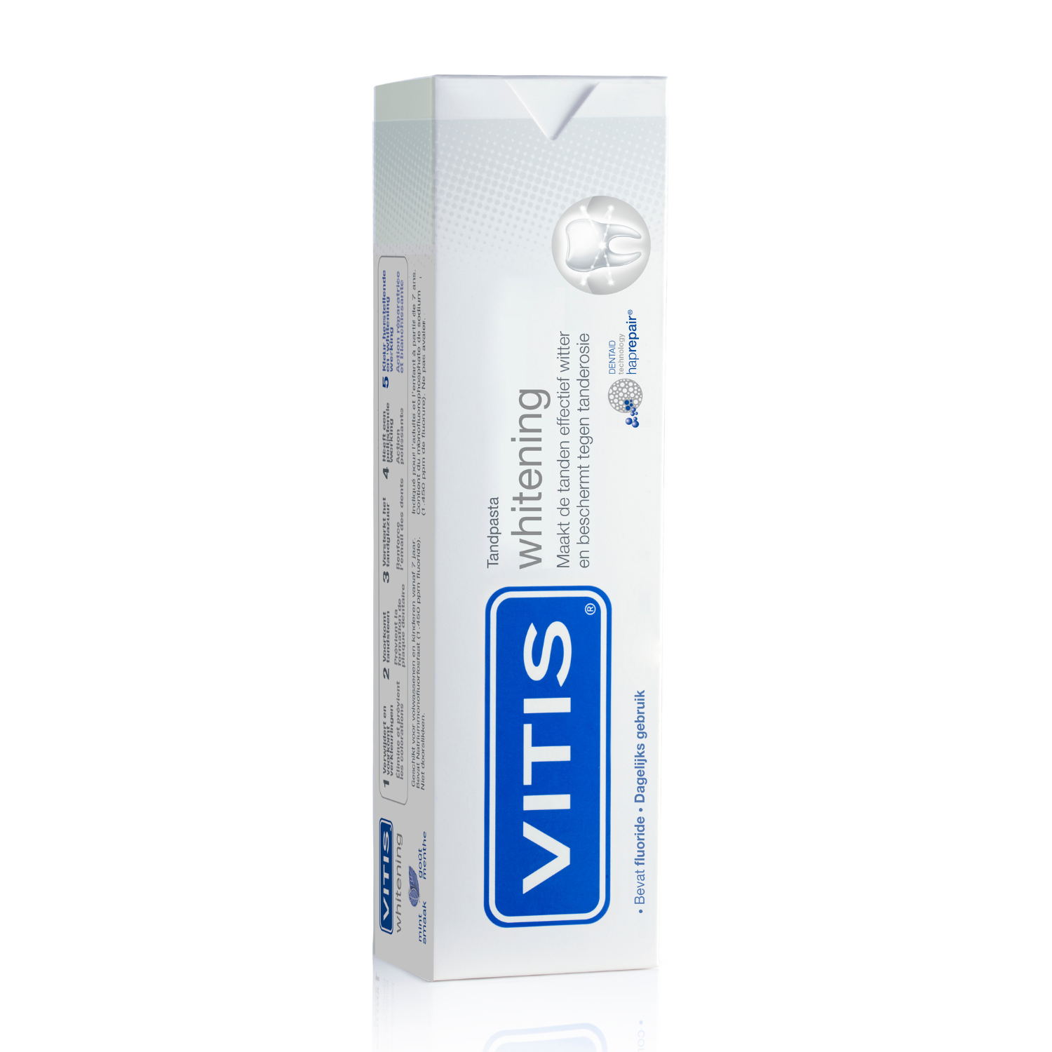 Vitis Whitening Toothpaste 75ml tube with white and green packaging, showcasing the tube's design and branding.
