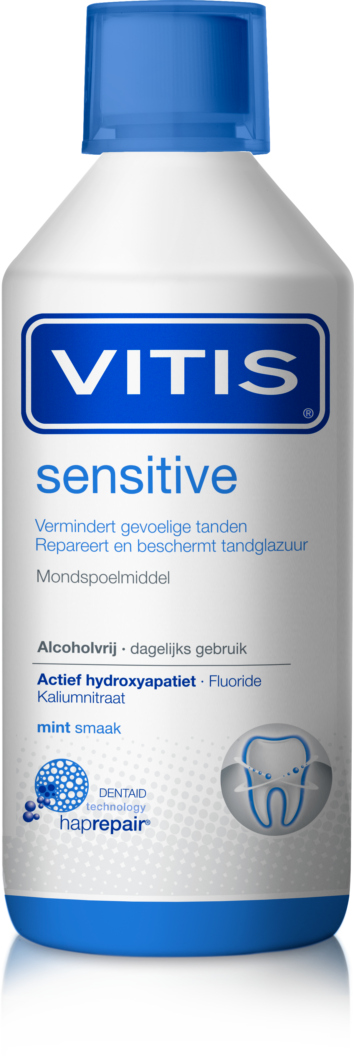 Vitis Mondspoeling Sensitive mouthwash bottle, 500ml, in a clear plastic container with label and cap.