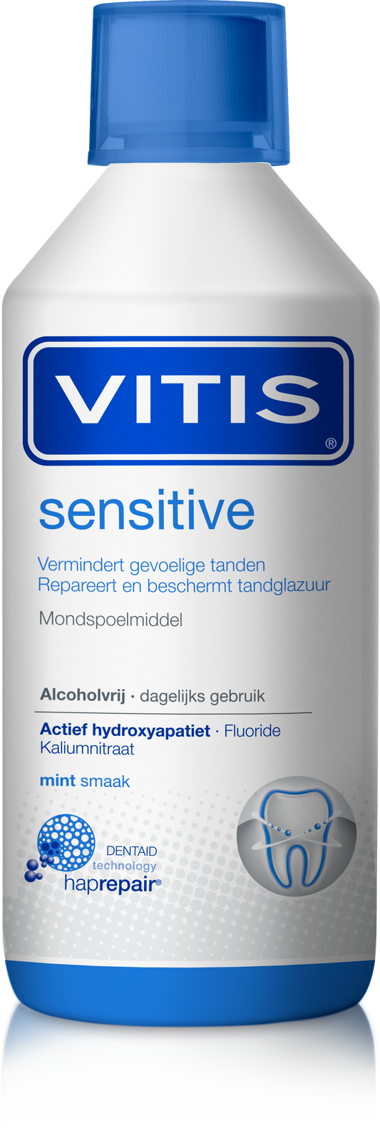 Vitis Mondspoeling Sensitive mouthwash bottle, 500ml, in a clear plastic container with label and cap.